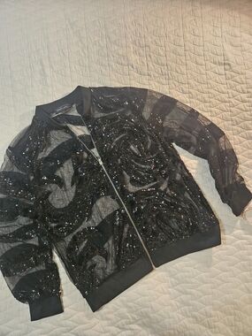 Sequin Touch Me 2X Black Swirl Pattern Zip Bomber Jacket Festival Glam Goth Y2K